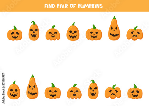 Find pairs to cute Halloween pumpkins. Game for kids.