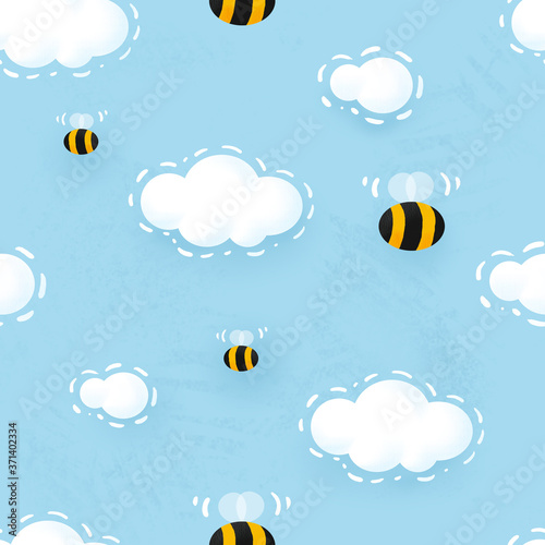 clouds and bees seamless pattern