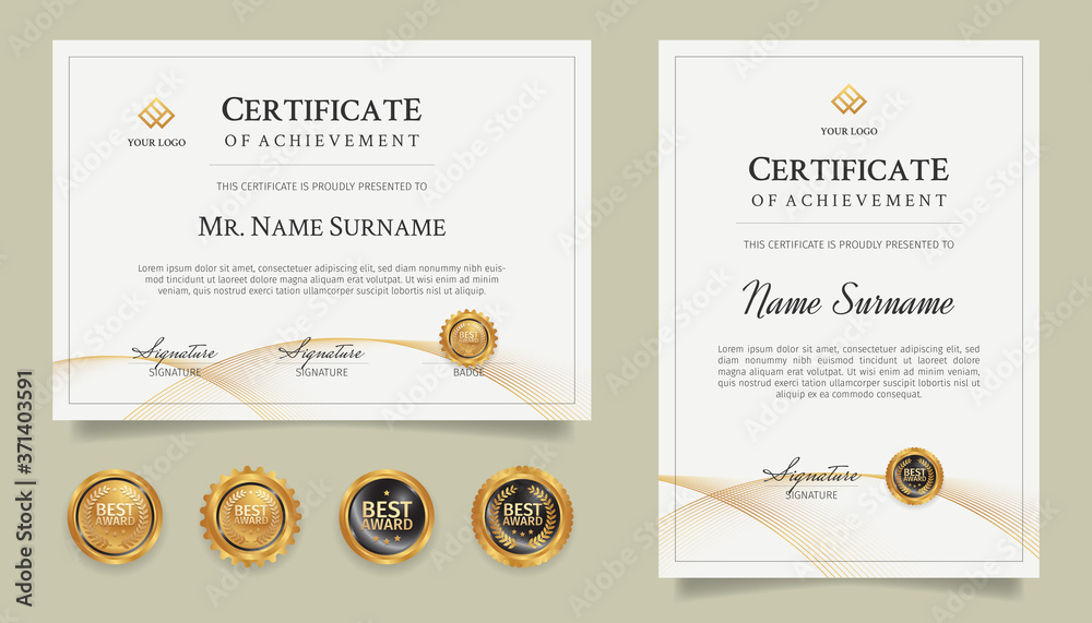 Certificate of award border template with gold line art and badges ...