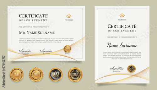 Certificate of award border template with gold line art and badges