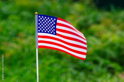 American Flag waving in the green grass background