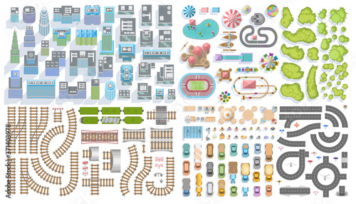 Set of landscape elements. City. (Top view) Railroad, houses, buildings, attractions, road, cars, people, trees. (View from above)