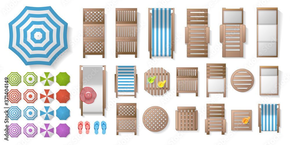 Icons set. Outdoor furniture and patio items. (top view) Isolated Vector Illustration. Tables