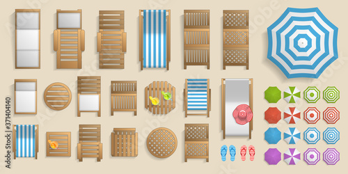 Icons set. Outdoor furniture and patio items. (top view) Isolated Vector Illustration. Tables, chairs, sunbeds, umbrellas. (view from above). 