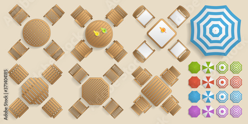 Vector set. Tables with chairs and umbrellas. Top view. Collection of outdoor furniture. View from above.