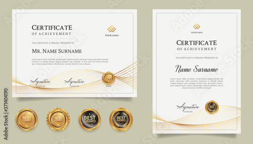 Diploma certificate border template with gold line art and badges
