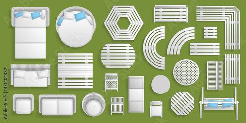Icons set. Outdoor furniture and patio items. (top view) Isolated Vector Illustration. Tables, benches, chairs, sunbeds, swings. (view from above). 