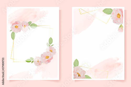 watercolor pink English rose with golden frame on pink splash background wedding or birthday invitation card template collection