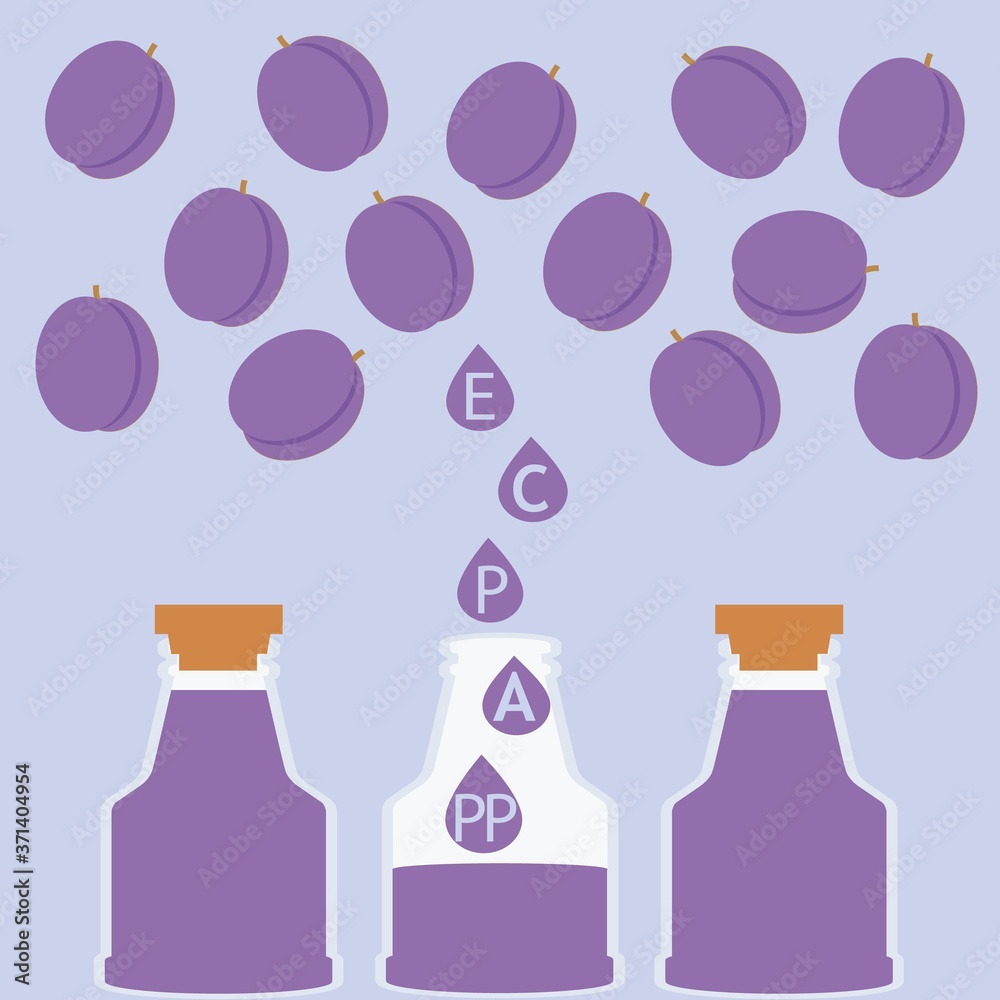 vector illustration of vitamin plum juice in bottles on colored background vector illustration of vitamin plum juice in bottles on colored background
