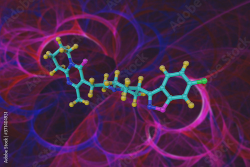 Molecule of risperidone, an atypical antipsychotic. It is used to treat delusional psychosis (including schizophrenia), bipolar disorder and irritability associated with autism. 3d illustration