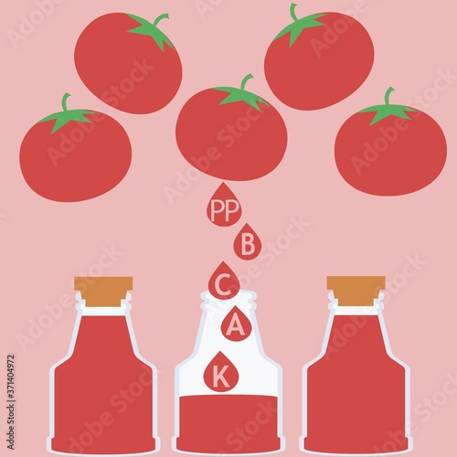 vector illustration of vitamin tomato juice in bottles on colored background