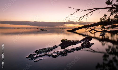 Sonnenaufgang am See bei ruhigen Gewässer mit Treibholz