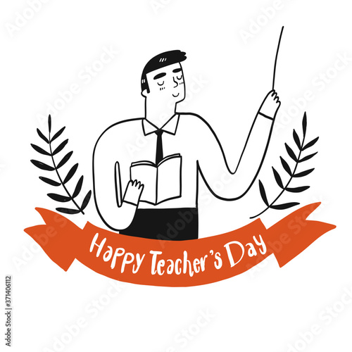 Teacher holding a book with the happy teacher's day sign.