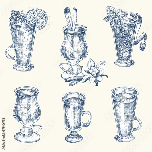 Set hand drawn sketch glasses for christmas alcoholic drinkMulled wine Vintage design bar, restaurant, cafe menu on white background. Creative template for flyer, poster Engraving style vector art