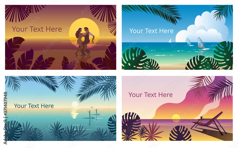 Tropical landscape with a sunset on the sea and a sun chair. Template for a horizontal banner.