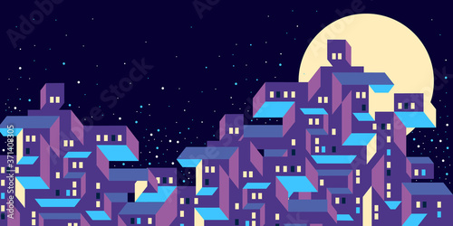 night cityscape with moon and stars. simple geometric shapes of modern buildings. lights are on in windows. urban city by moonlight. nightlife town.