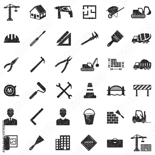 Builder Icons. Black Scribble Design. Vector Illustration.