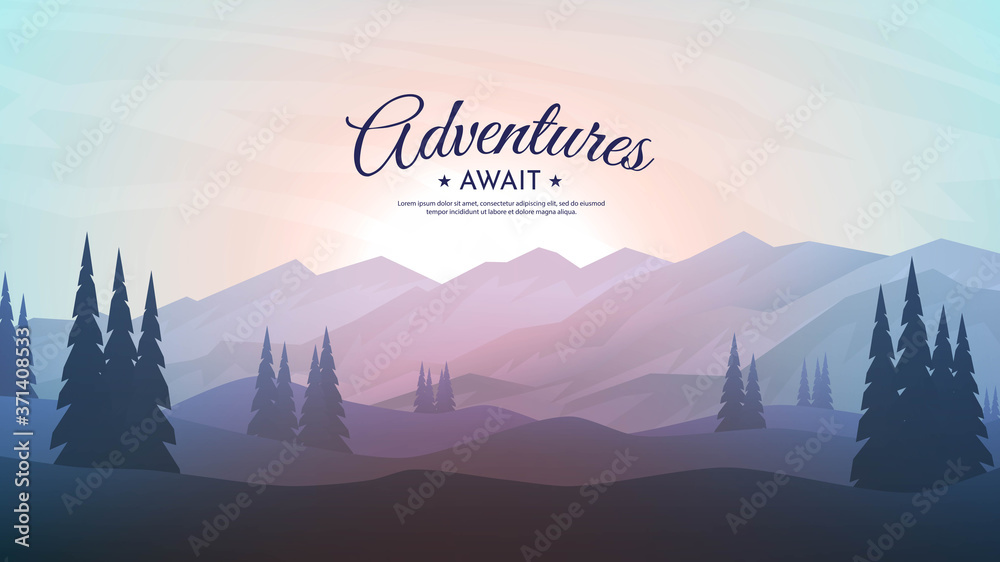 Vector illustration. Flat landscape. Clear polygonal sky. Triangle shapes. Hills. Graphic modern backdrop. Abstract art. Sunset or sunrise scene. Design element for poster. Natural concept. Panorama