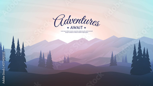 Vector illustration. Flat landscape. Clear polygonal sky. Triangle shapes. Hills. Graphic modern backdrop. Abstract art. Sunset or sunrise scene. Design element for poster. Natural concept. Panorama