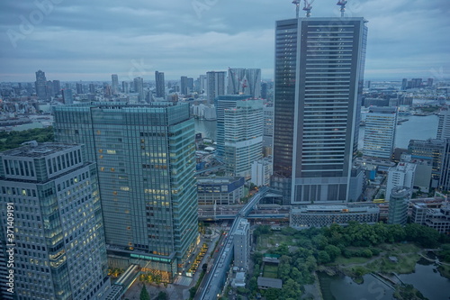 urban city skyline aerial view under cloudy sky in Tokyo  Japan