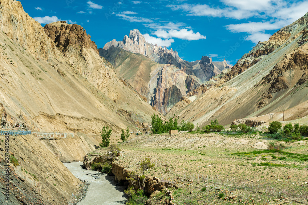 The trekking on Markha valley trek route in Ladakh, Karakorum panorama.