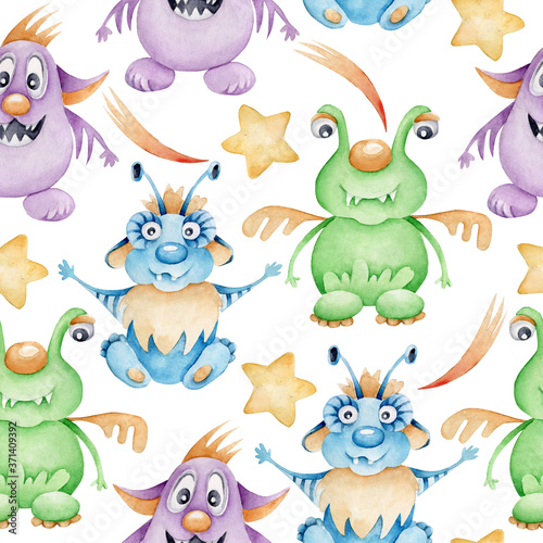 Children pattern with funny cartoon monsters