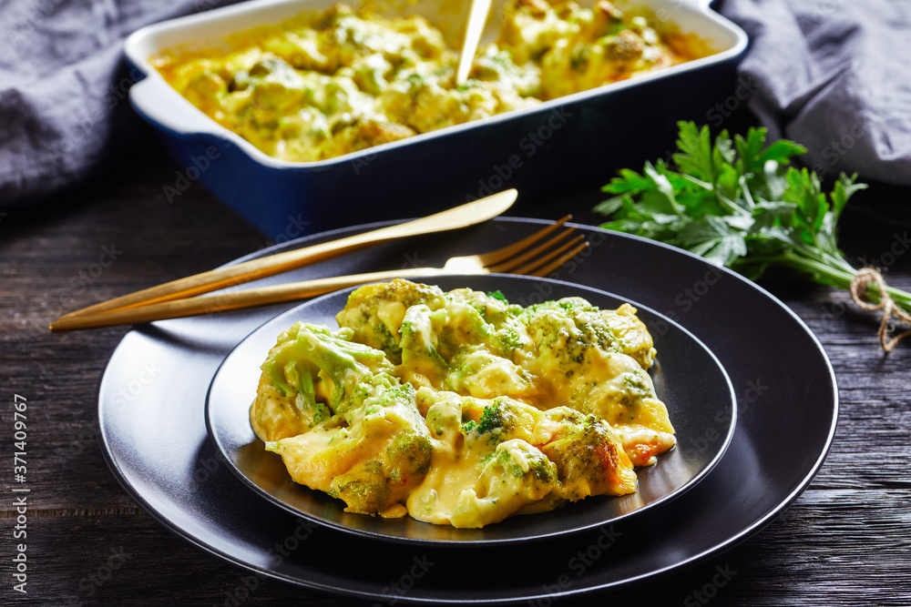 portion of Cheesy Broccoli bake on a plate