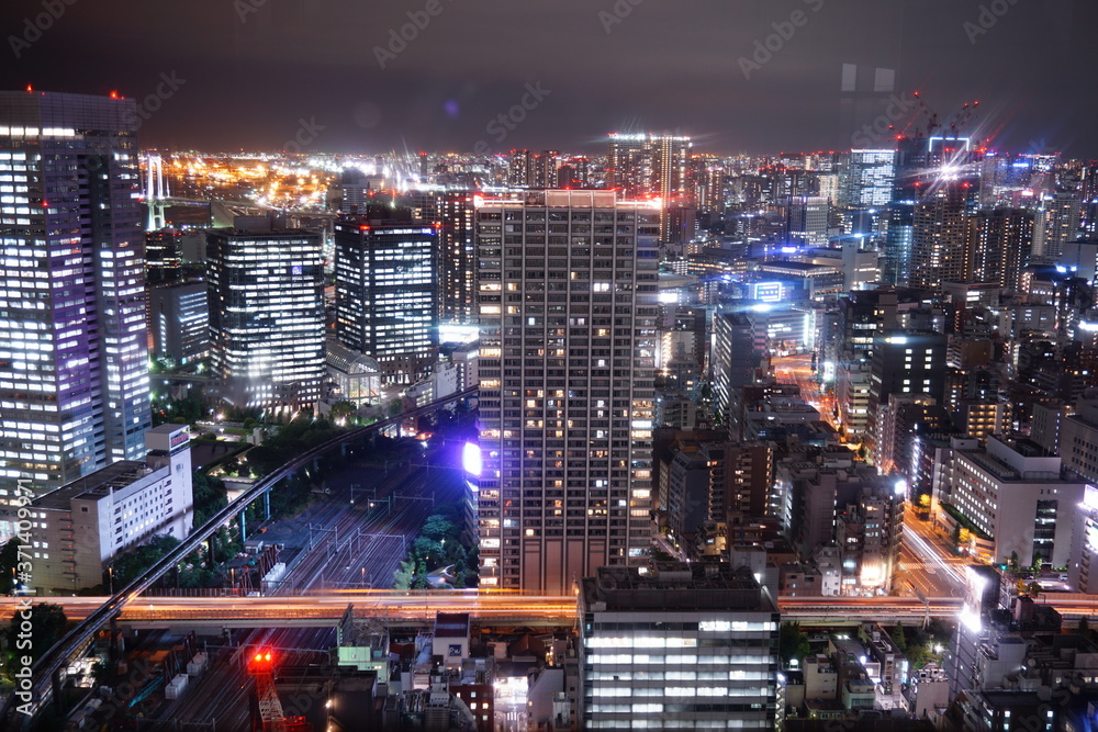Cityscape of Tokyo city skyline at night in Japan