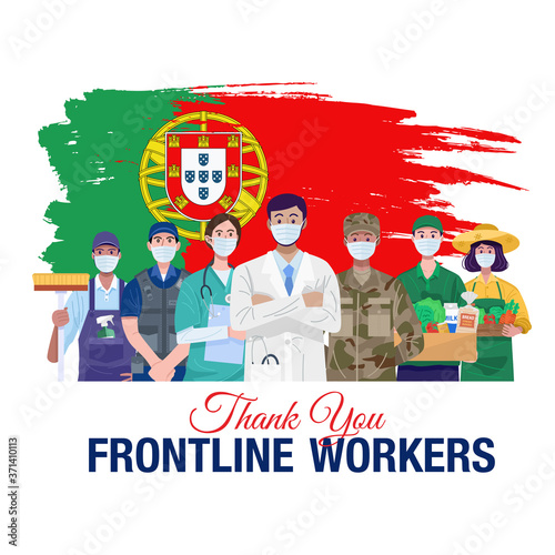 Thank you frontline workers. Various occupations people standing with flag of Portugal. Vector