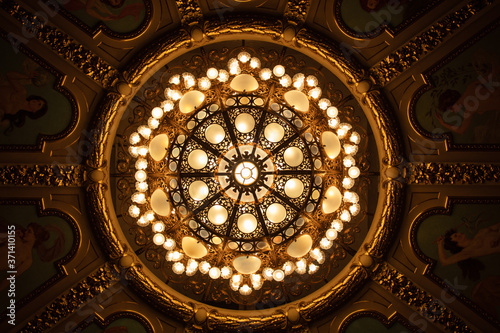 Closeup of chandelier in theatre