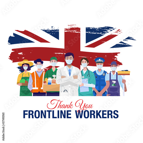Thank you frontline workers. Various occupations people standing with flag of England. Vector