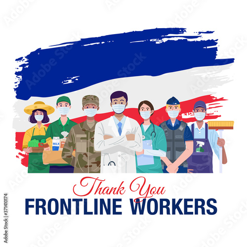Thank you frontline workers. Various occupations people standing with flag of France. Vector