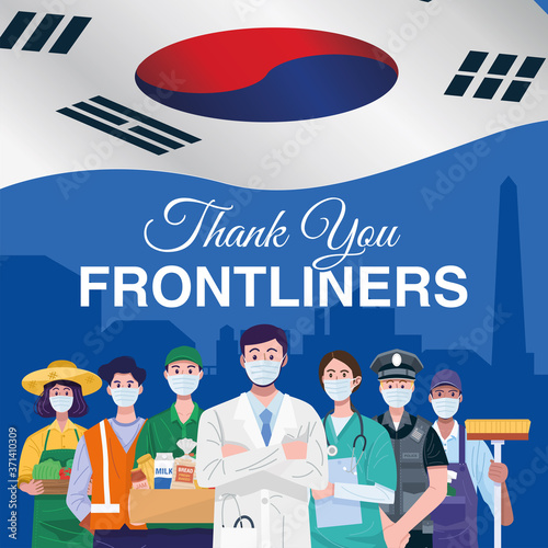 Thank you frontline workers. Various occupations people standing with flag of South Korea. Vector