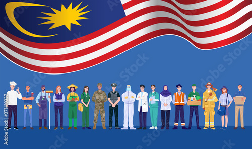 Happy Labor Day. Various occupations people standing with Malaysia flag. Vector
