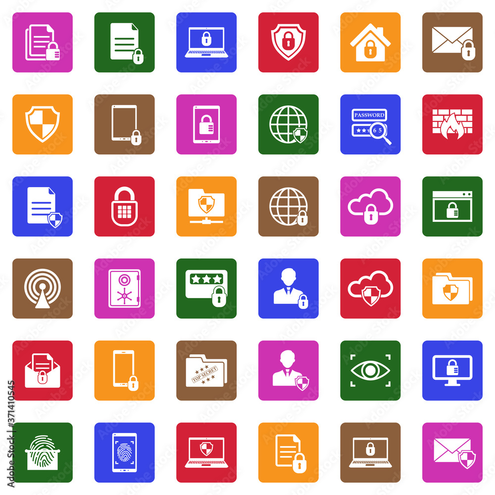 Business Data Protection Technology Icons. White Flat Design In Square. Vector Illustration. Business Data Protection Technology Icons. White Flat Design In Square. Vector Illustration.