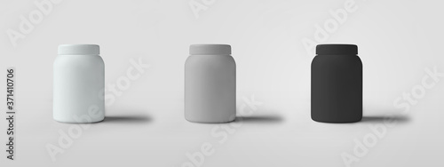 Template of white, gray, black cans with a screw cap, standing against a background with shadows.