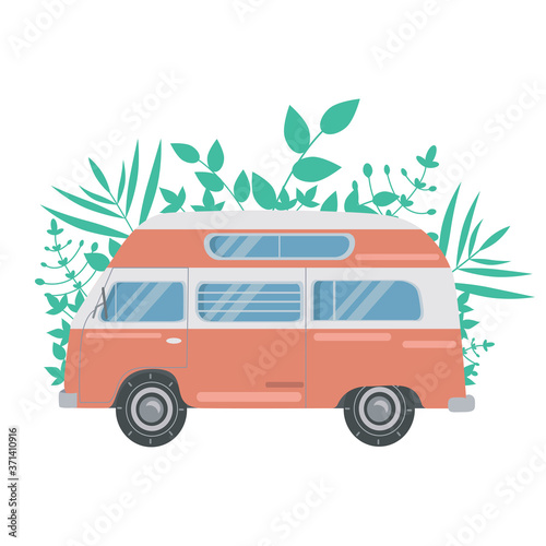 Retro van in leaves, icon, object isolated on white background. Pink house on wheels for traveling. Life in a camper