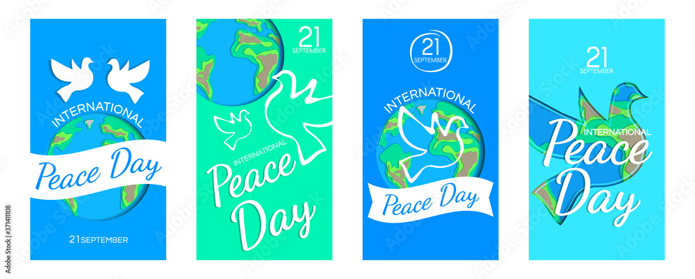 international peace day vertical banners set design with earth planet and dove for social media vector illustration paper cut