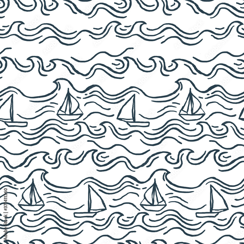 Seamless pattern with waves and ship on white background. Design for backdrops with sea, rivers or water texture. Repeating texture. Figure for textiles. Seamless pattern with waves and ship on white background. Design for backdrops with sea, rivers or water texture. Repeating texture. Figure for textiles.