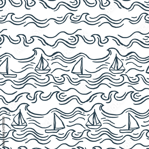 Seamless pattern with waves and ship on white background. Design for backdrops with sea, rivers or water texture. Repeating texture. Figure for textiles. © Dzianis
