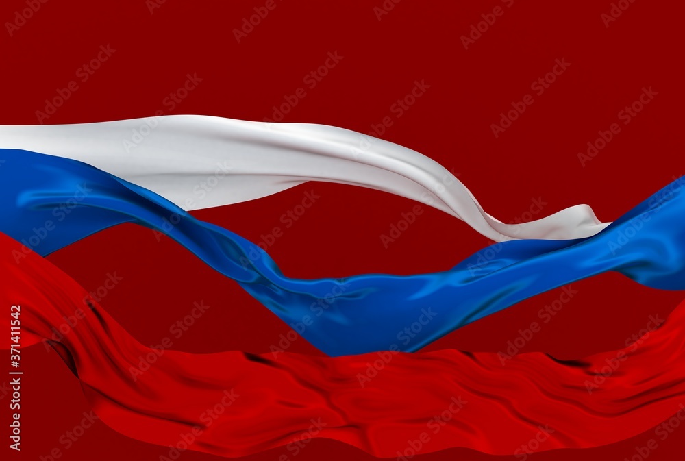 Naklejka premium 3d illustration of Russian tricolor Flag Ribbons Waving on red
