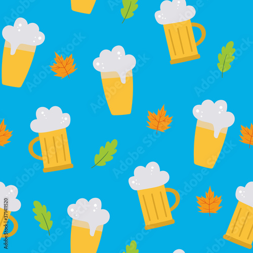 Oktoberfest seamless vector pattern with a glass of beer, leaves on a blue background. Vector flat illustration. For the design of textiles, Wallpaper, wrapping paper, postcards.