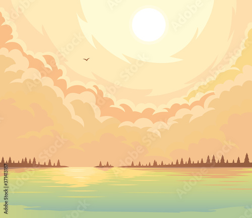 Sunset over the lake and fir forest on the coast.