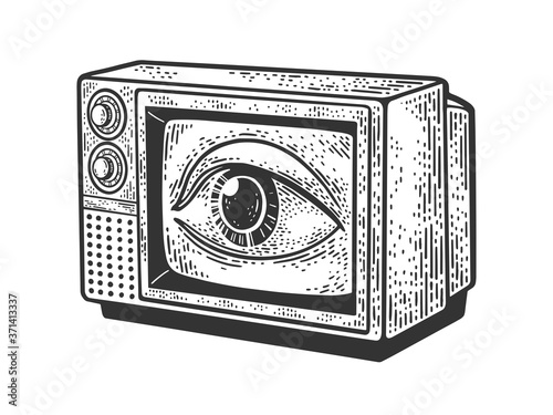 TV with an eye on the screen sketch engraving vector illustration. T-shirt apparel print design. Scratch board imitation. Black and white hand drawn image.