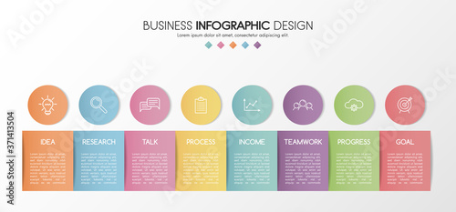 Colourful infographic with 8 steps and business icons. Diagram. Vector