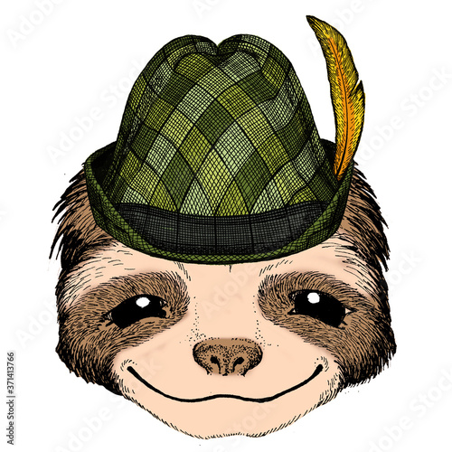 Sloth portrait. Austrian bavarian tirol hat. Beer festival. Oktoberfest. Face of cute animal.