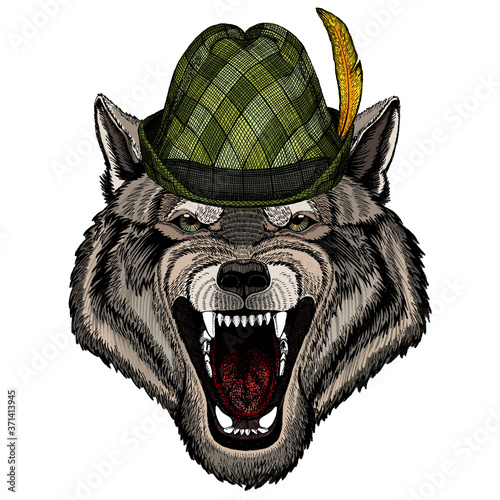 Wolf portrait. Austrian bavarian tirol hat. Beer festival. Oktoberfest. Head of wild animal.