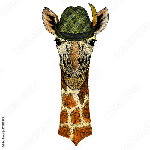 Giraffe head. Austrian bavarian tirol hat. Beer festival. Oktoberfest. Portrait of wild animal.