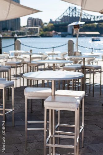 Empty outdoor cafe near waterfront in Brisbane