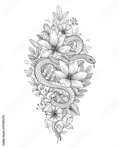 Vector Twisted Snake and Wild Flowers